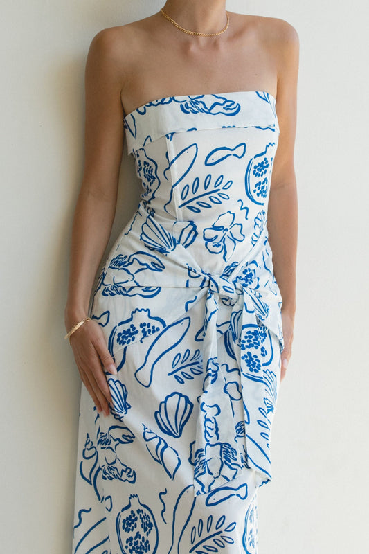 Amalfi Coast Linen Printed Strapless Dress