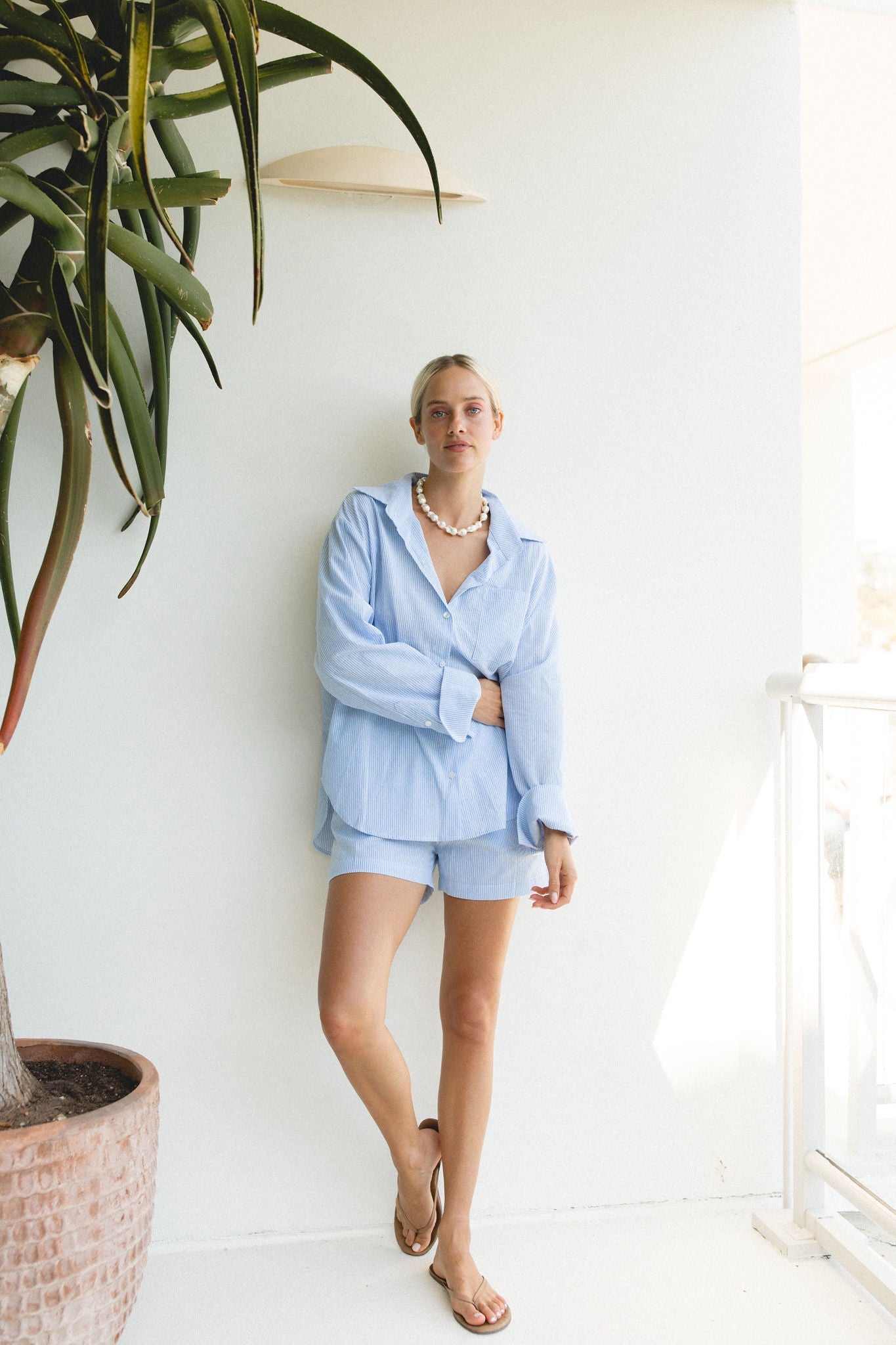 Oc¨¦an Blue Cotton Striped Shorts Set