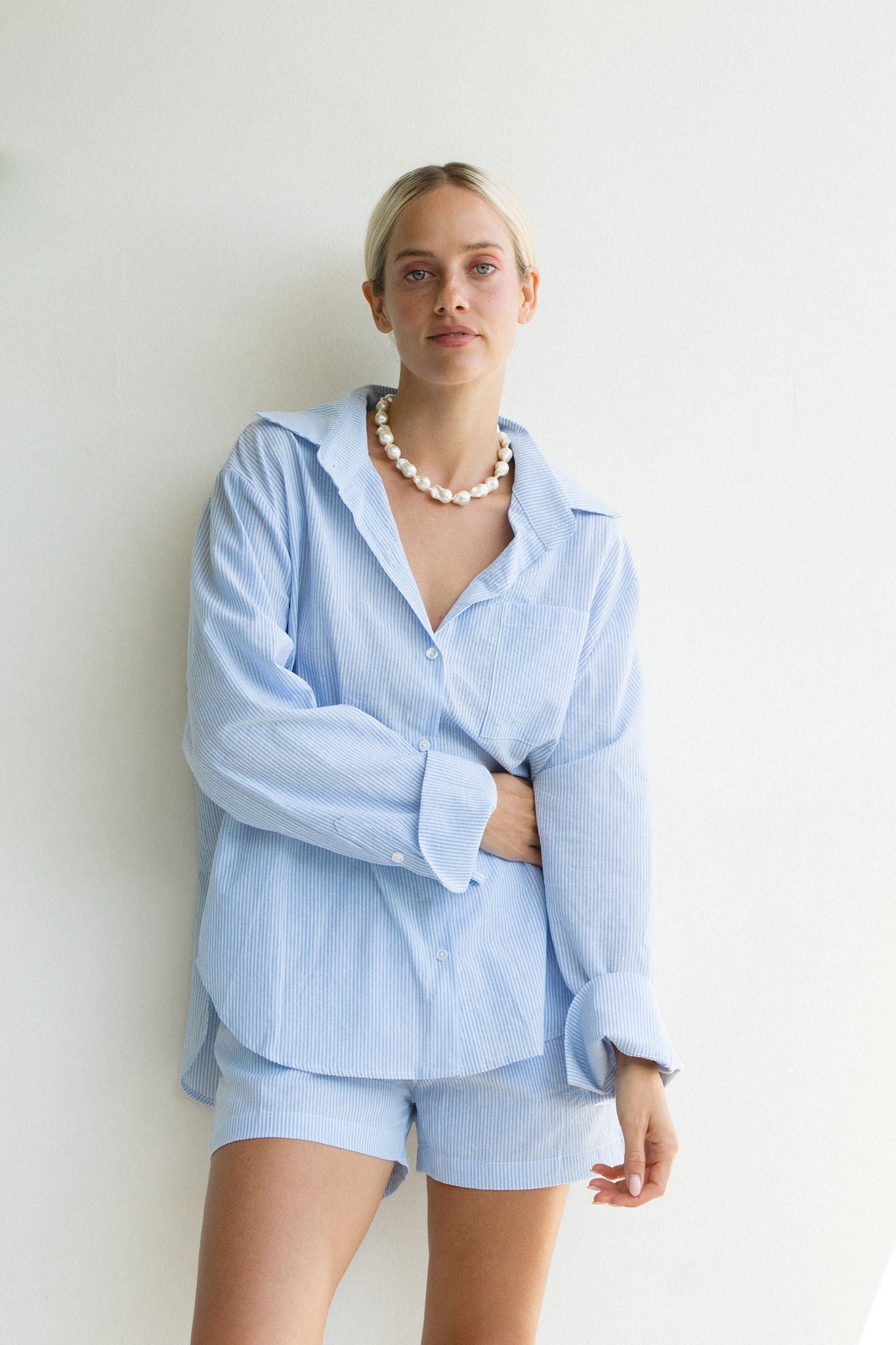 Oc¨¦an Blue Cotton Striped Shorts Set