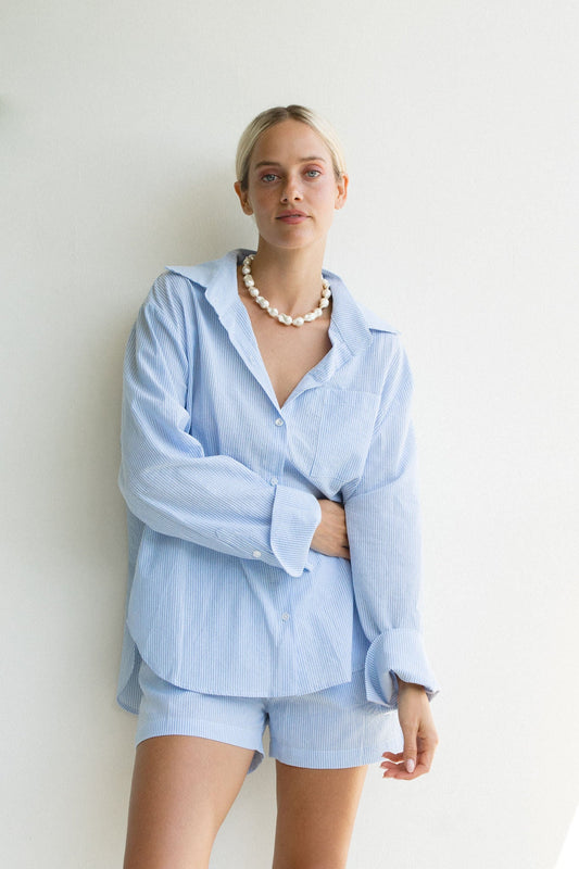 Oc¨¦an Blue Cotton Striped Shorts Set