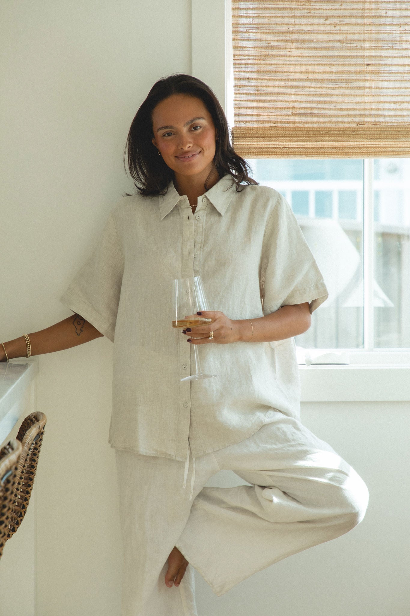 Capri Linen Short Sleeve Button Top