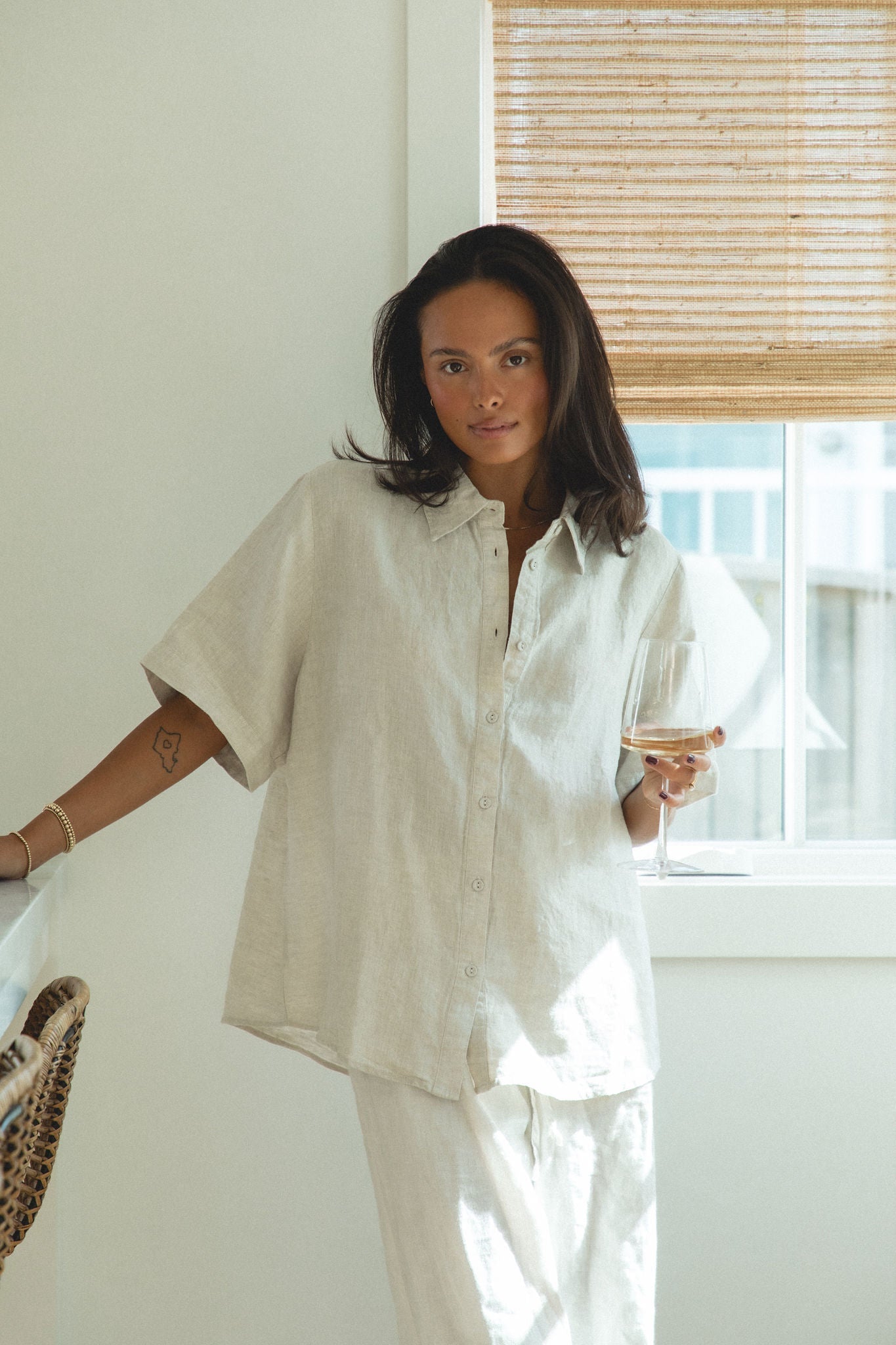 Capri Linen Short Sleeve Button Top