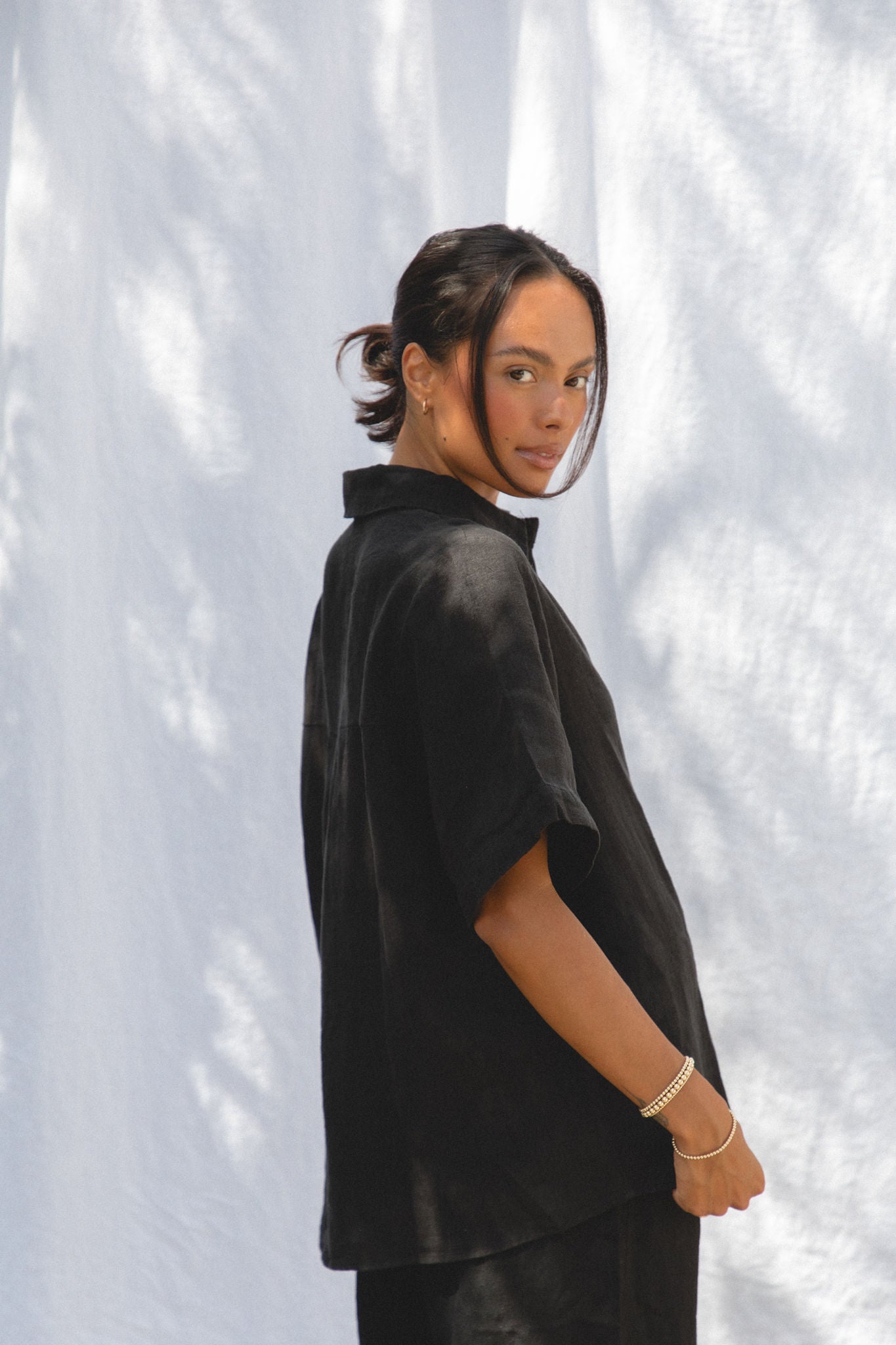 Capri Linen Short Sleeve Button Top